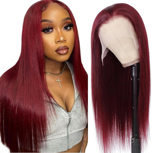 99J Human Hair Wig 32 Inch Straight 13X6.5 Burgundy Colored Lace Front Wigs 100% Human Hair HD 250% Density Glueless Wigs Burgundy Human Hair Wig Pre Plucked with Baby Hair