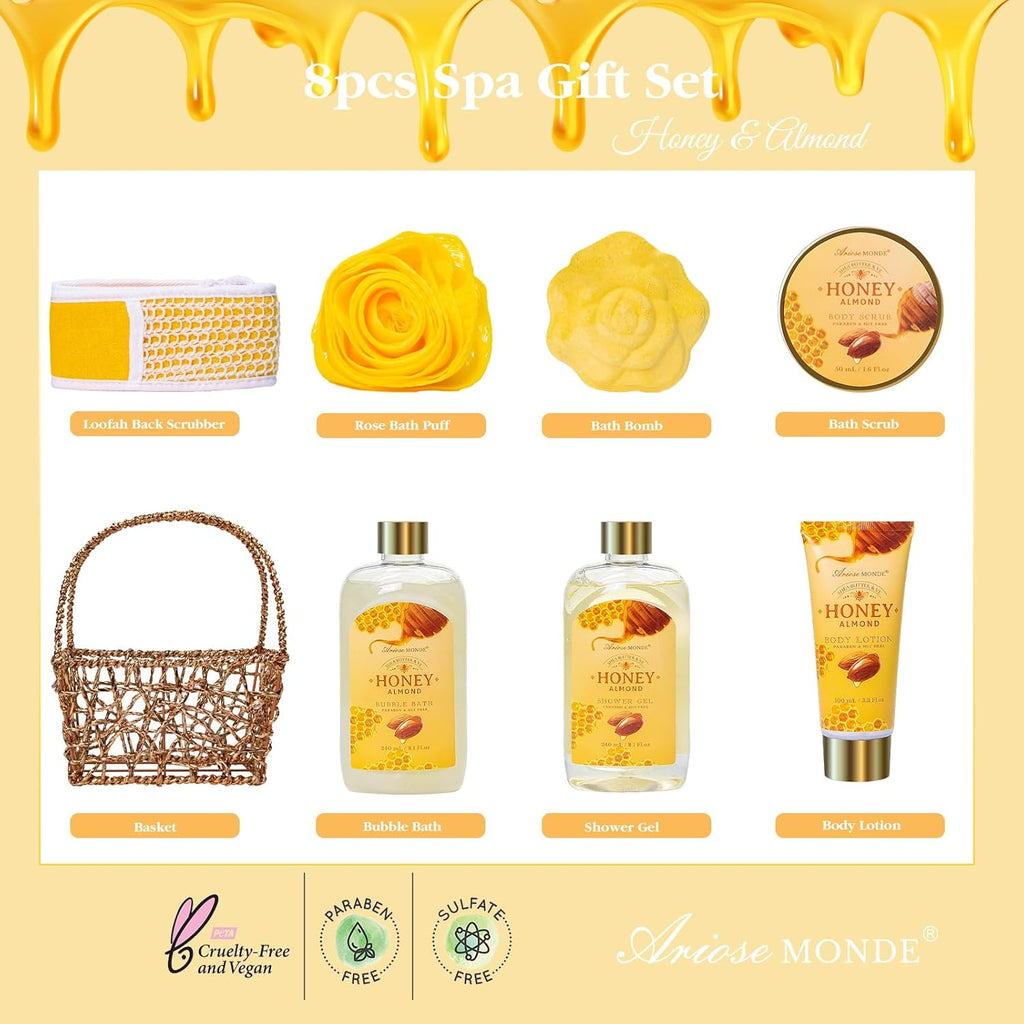 Birthday Gifts for Women, Honey Almond Spa Gift Baskets Bath Set for Women | 8Pcs Self Care Kit Christmas Anniversary Gifts for Women Mom Her Wife Girlfriend Friend Sister