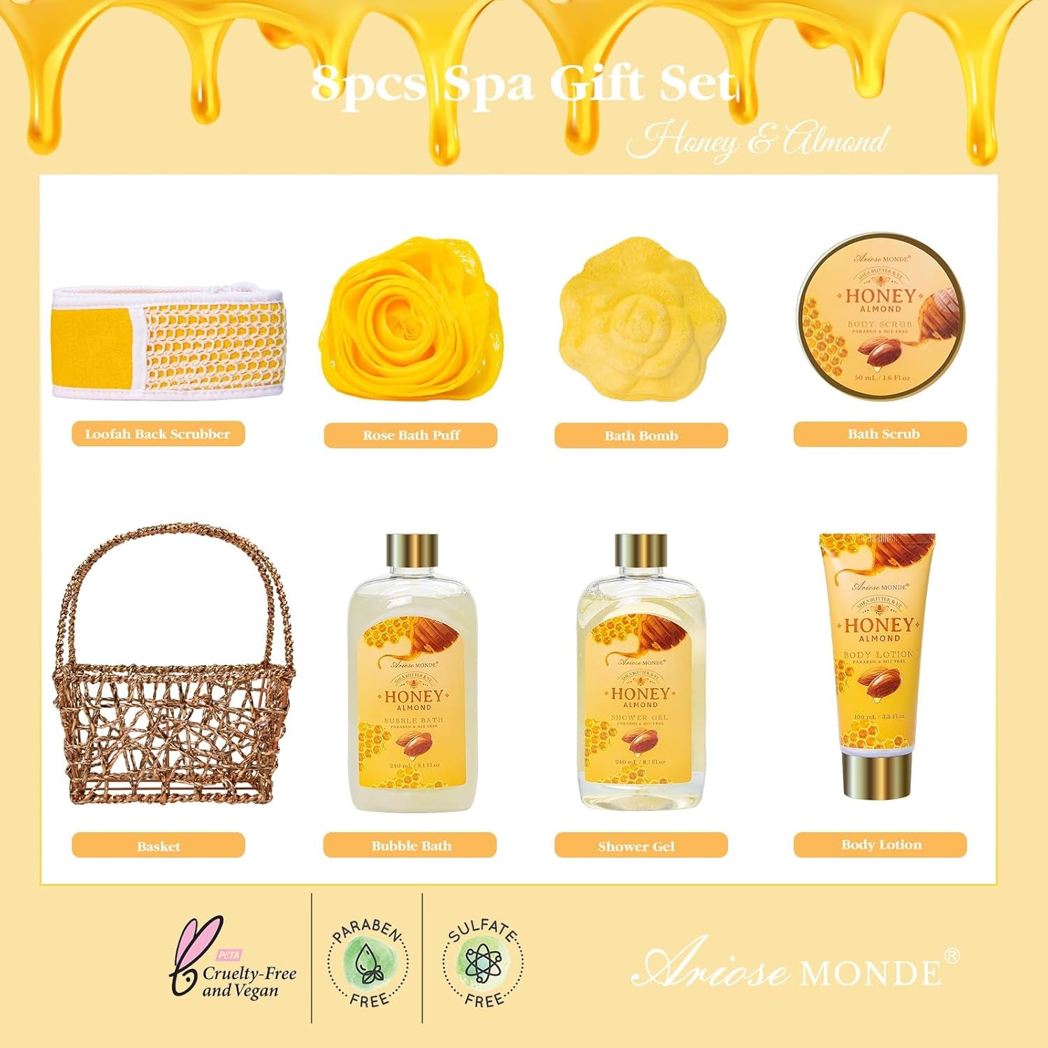 Birthday Gifts for Women, Honey Almond Spa Gift Baskets Bath Set for Women | 8Pcs Self Care Kit Christmas Anniversary Gifts for Women Mom Her Wife Girlfriend Friend Sister