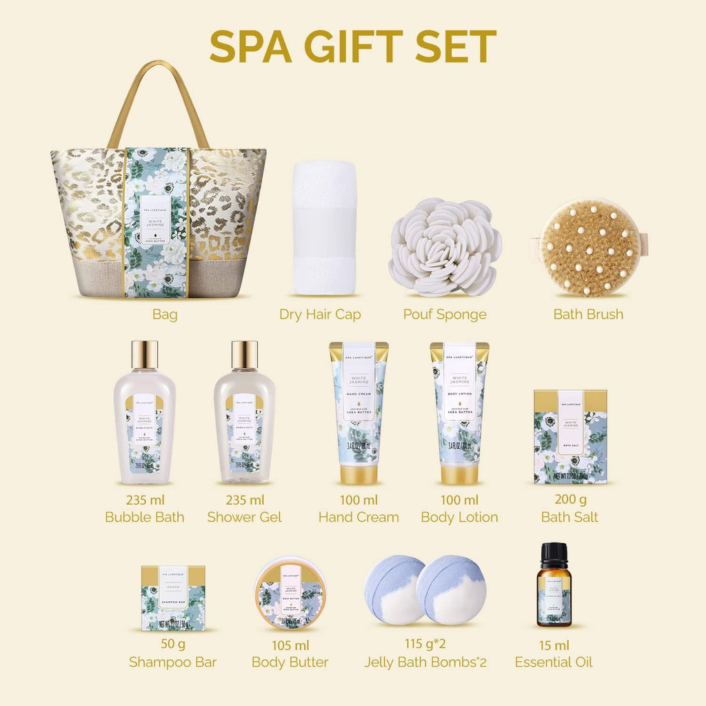 White Jasmine 15Pc Spa Gift Baskets Gifts for Women Spa Gifts | Bath Set, Birthday Gifts for Women, Spa Baskets for Women, Self Care, Retirement Gift, Bridal Shower Gifts, Woman Gift Set