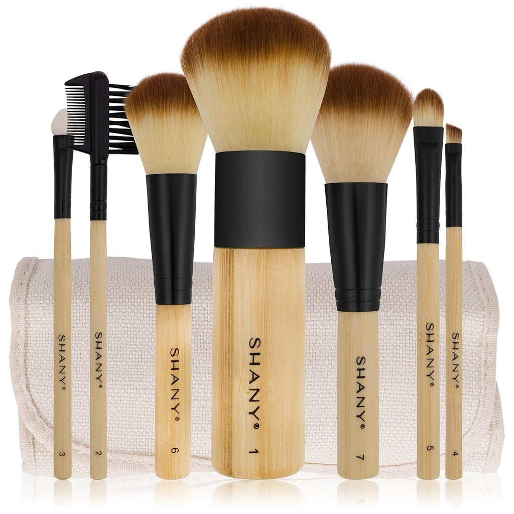 Bamboo Makeup Brush Set - Vegan Professional Makeup Brushes with Premium Synthetic Hair & Cotton Pouch for Easy Brush Storage - 7Pc with Pouch