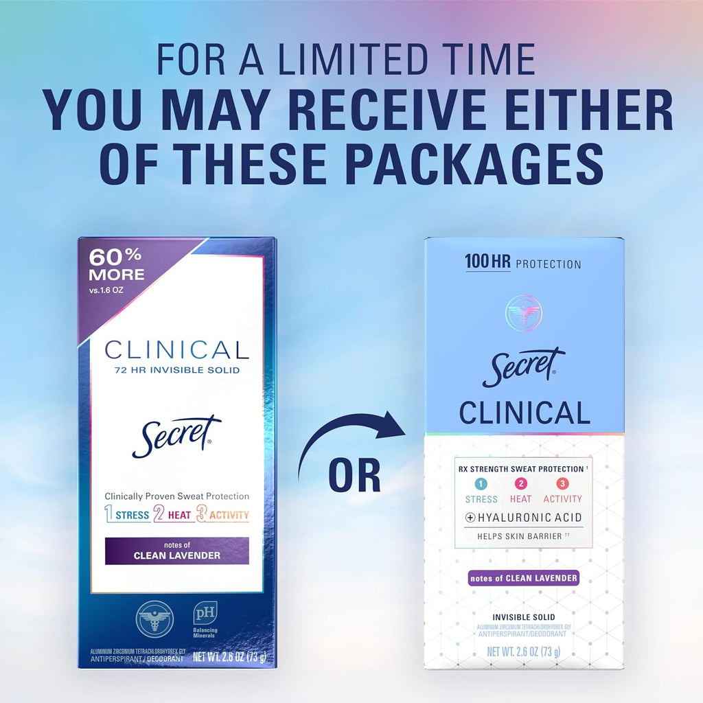 Clinical Strength 100HR Sweat & Odor, Invisible Solid Antiperspirant Deodorant for Women, 3X Stress Protection with Hyaluronic Acid, PH Balanced, Clean Lavender Scent, 2.6 Oz