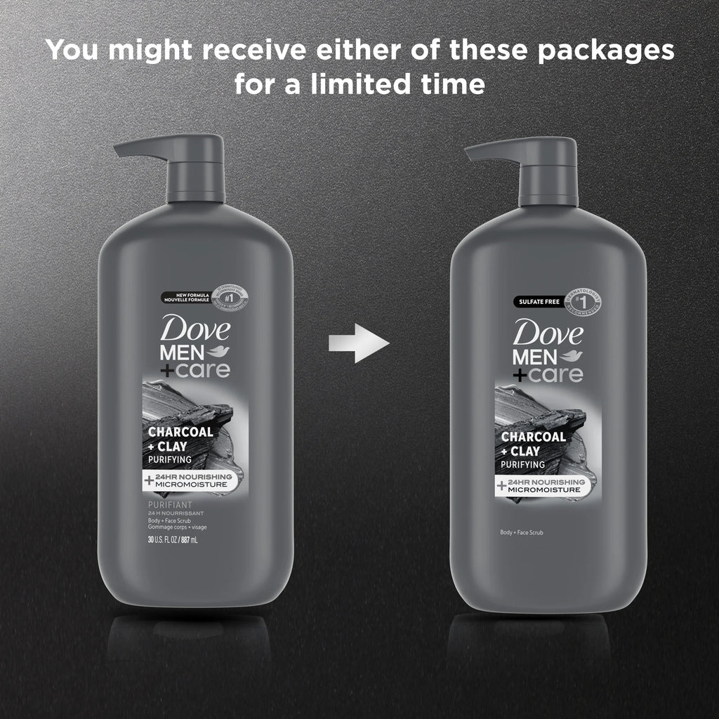 (4 Pack)  Body and Face Scrub Body Wash for Men Charcoal + Clay with 24-Hour Nourishing Micromoisture Technology, 30 Fl Oz