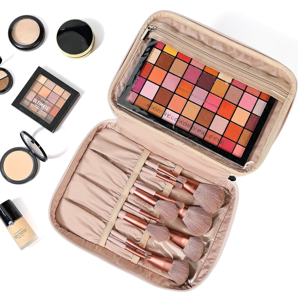 Large Makeup Bag Organizer, Double Layer Cosmetic Travel Case | Organizer for Brushes, Bottles, Makeup and Skin Care Products, Ideal for Trips and Daily Use, Pink, Large