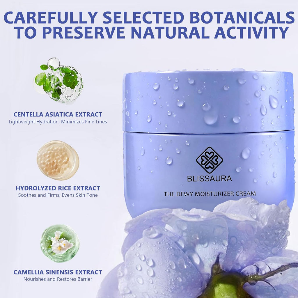 Dewy Skin Cream - Deep Hydrating Face Moisturizer with Hyaluronic Acid - Lightweight Glowing Facial Cream for Dry & Sensitive Skin - Perfect Makeup Primer for Glass Skin Finish - 1.7 Oz