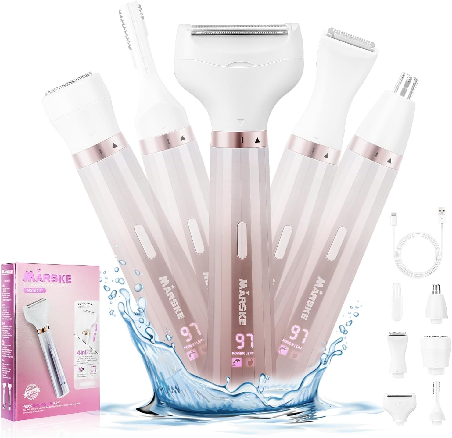 Electric Razor for Women, Bikini Trimmer 5 in 1 Electric Shavers Razors IPX6 Waterproof Wet/Dry Body Shaver for Face Nose Eyebrow Arms Armpit Legs Pubic Area Painless Replaceable Facial Hair Removal