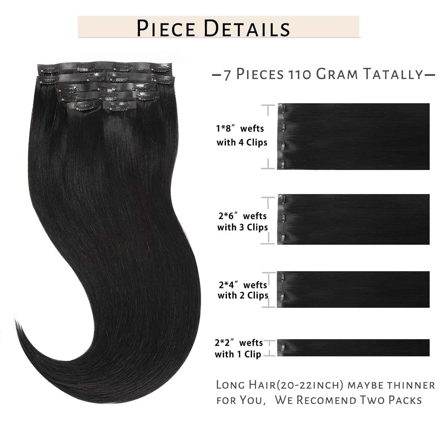 Clip in Hair Extensions Real Human Hair 14Inch Invisible Seamless Clip in Human Hair Extensions PU Skin Weft Color 1 Jet Black Human Hair Clip Ins for Women Silky Straight 7PCS 110G