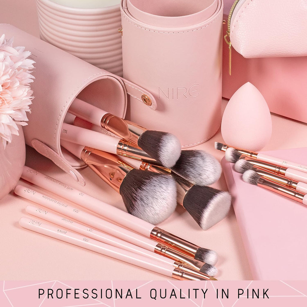 Beauty Cute Makeup Brush Set for Teen Girls, 15 Piece, Pink | Pink, Cute, for Tweens and Women, Vanity, Vegan Bristles, Holder Case, Sponge, Cleaner, Guide