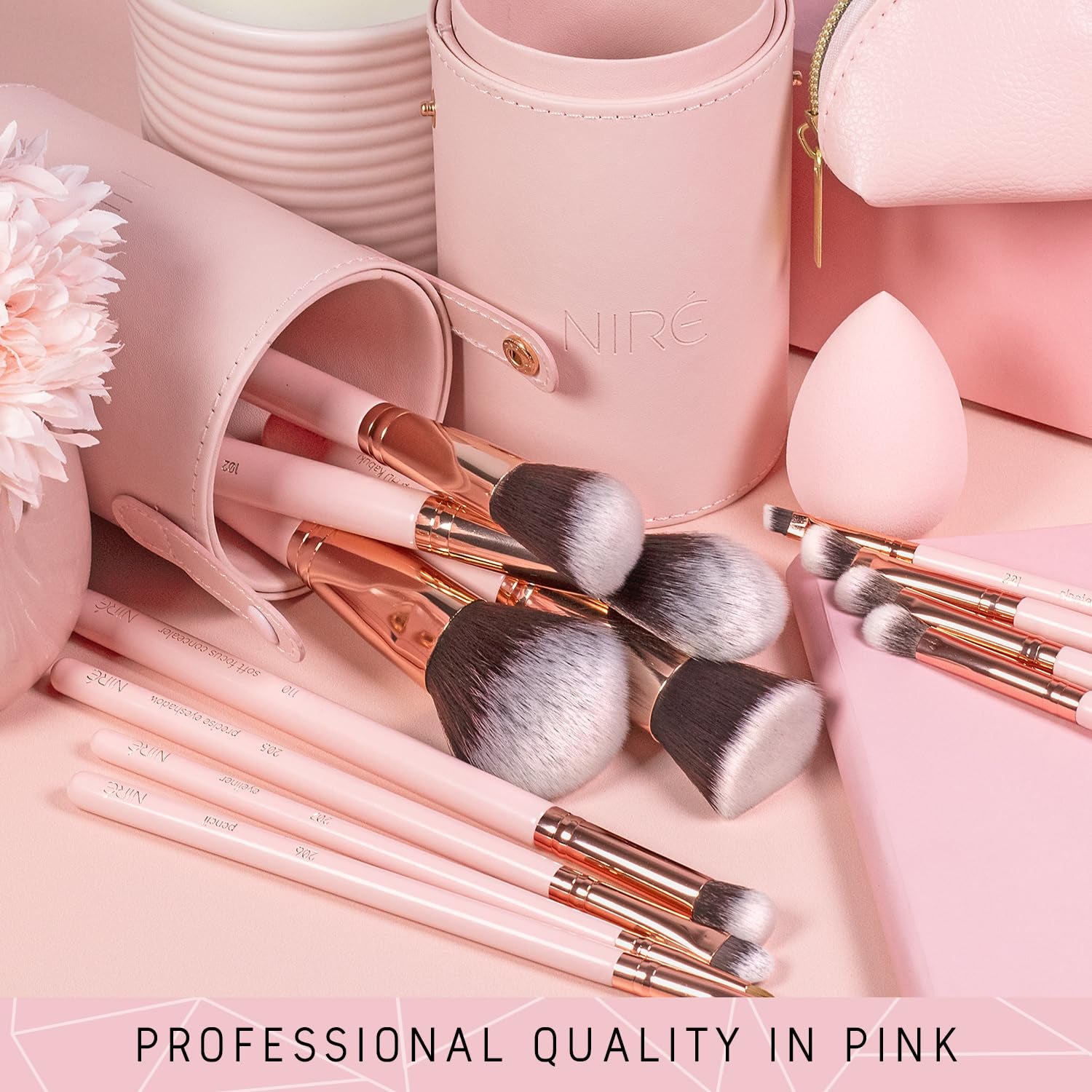 Beauty Cute Makeup Brush Set for Teen Girls, 15 Piece, Pink | Pink, Cute, for Tweens and Women, Vanity, Vegan Bristles, Holder Case, Sponge, Cleaner, Guide