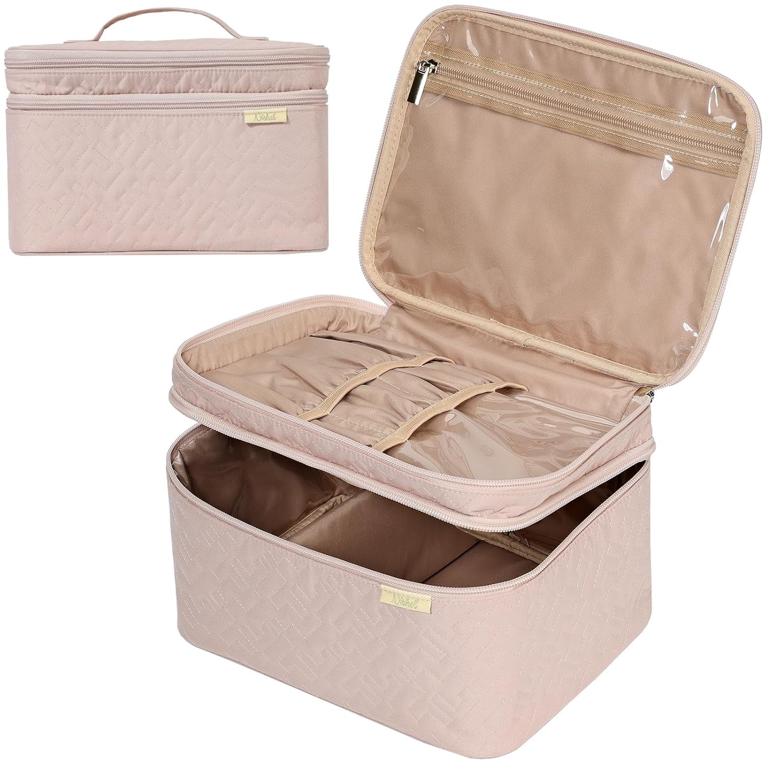 Large Makeup Bag Organizer, Double Layer Cosmetic Travel Case | Organizer for Brushes, Bottles, Makeup and Skin Care Products, Ideal for Trips and Daily Use, Pink, Large