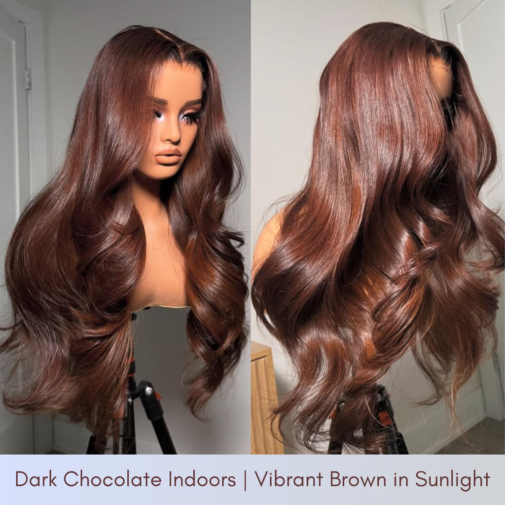 13X6 Chocolate Brown Lace Frontal Wigs Human Hair 200% Density 24 in | 13A 100% Virgin Brazilian HD Lace Front Human Hair Wigs High Density Pre Plucked for Vacation, Daily, Back to School Seasons