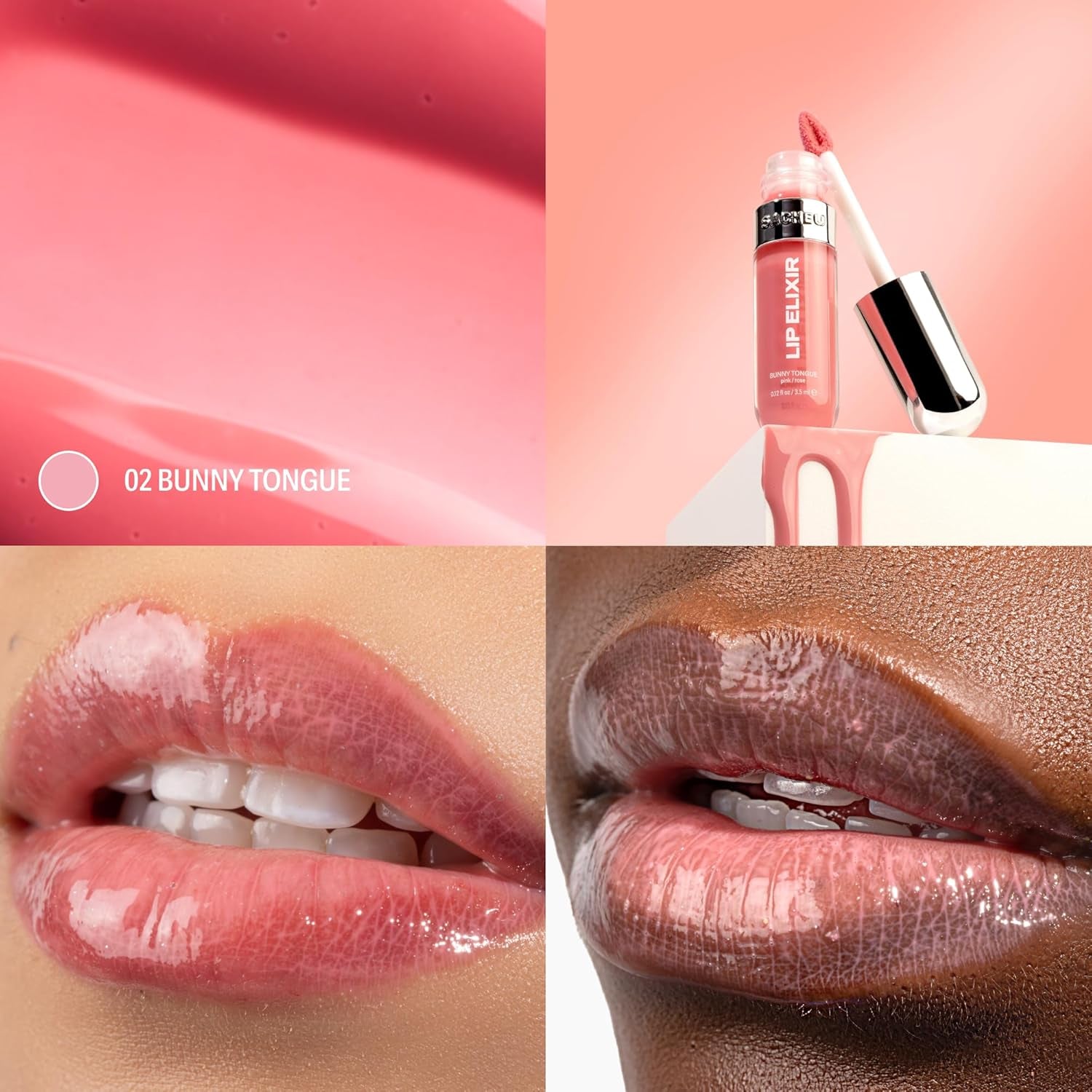 Lip Elixir Hydrating Lip Gloss, High-Shine, Bunny Tongue (Pink) | 3-In-1 Balm, Gloss & Oil, Glossy & Non-Sticky Finish, Infused with Vegan Collagen, Shea Butter & Vitamin E, Improves Texture