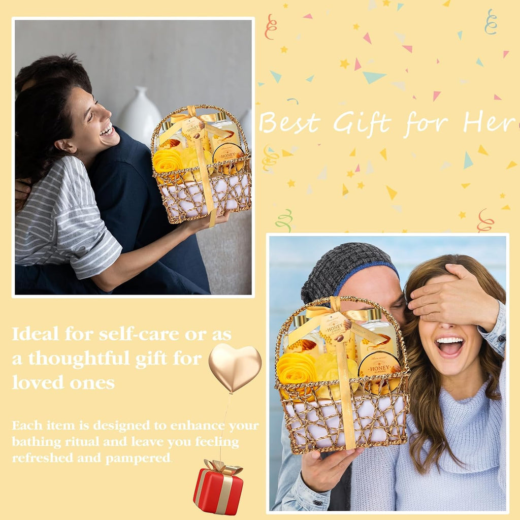 Birthday Gifts for Women, Honey Almond Spa Gift Baskets Bath Set for Women | 8Pcs Self Care Kit Christmas Anniversary Gifts for Women Mom Her Wife Girlfriend Friend Sister