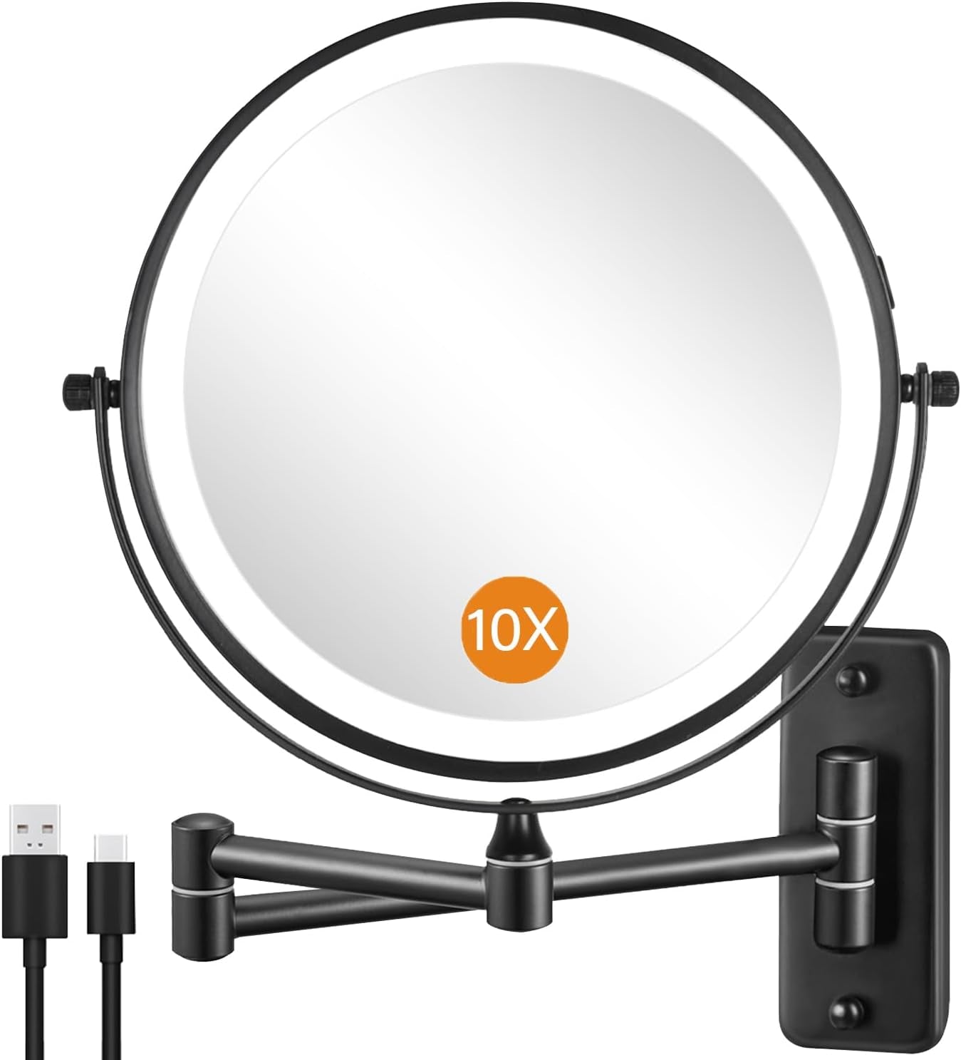 Rechargeable Wall Mounted Lighted Makeup Mirror, 8 Inch 10X Magnifying Mirror with 3 Color Lights, Dimmable Touch Screen Makeup Mirror with Lights for Bathroom, Black