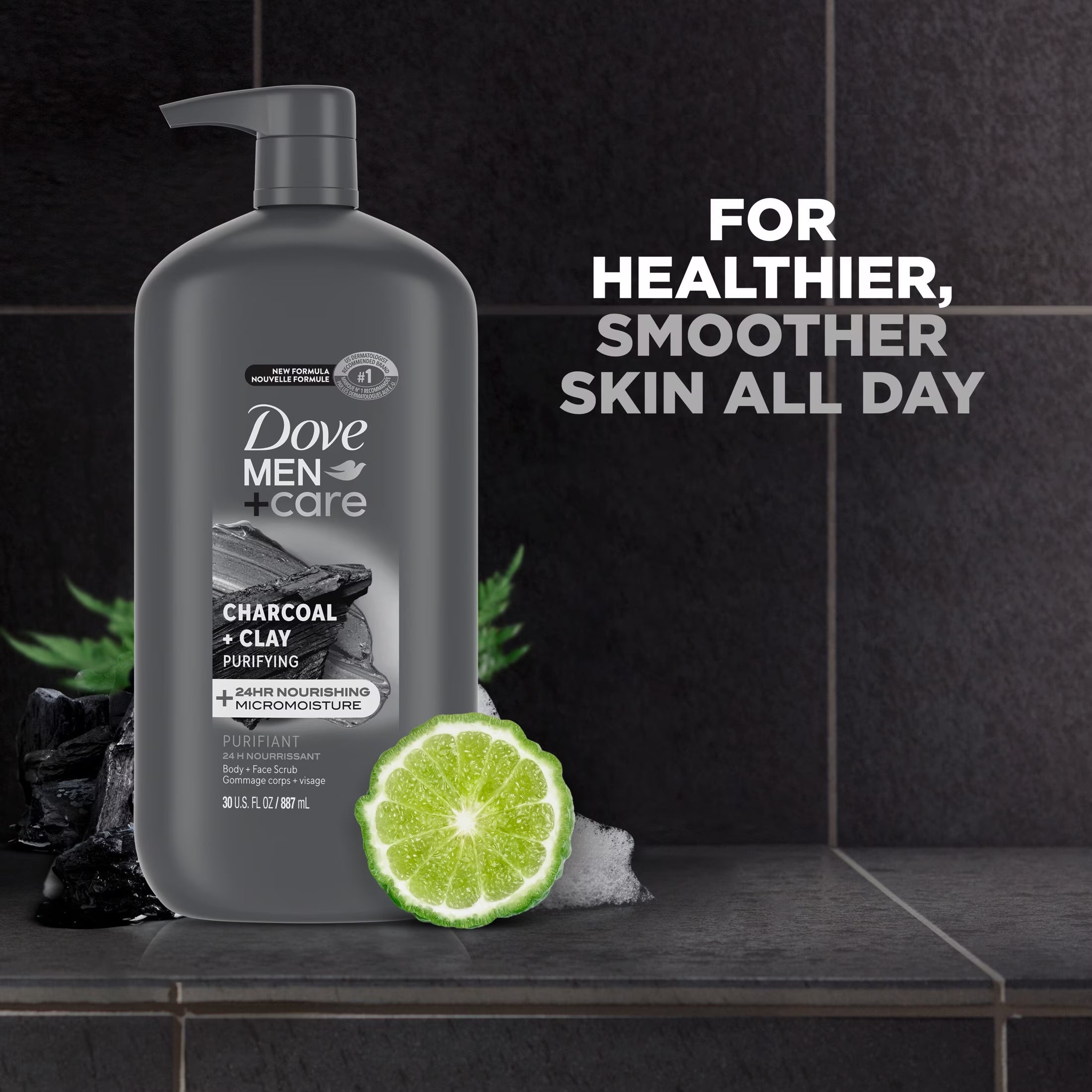 (4 Pack)  Body and Face Scrub Body Wash for Men Charcoal + Clay with 24-Hour Nourishing Micromoisture Technology, 30 Fl Oz