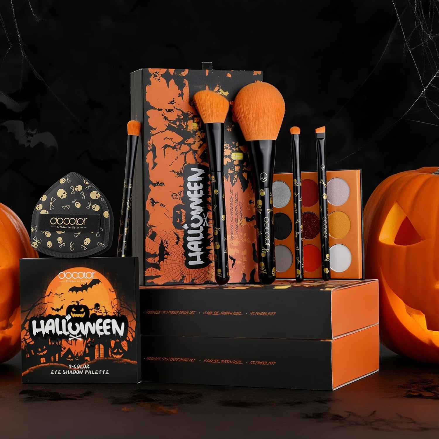 Makeup Brush Set,5Pcs Halloween Goth Makeup Brushes Powder Contour Eyeliner Brow Eyeshadow Brush Set with 9 Colors Halloween Eyeshadow Palette,1Pc Makeup Sponge Puff&3Pcs Halloween Scar Tattoo