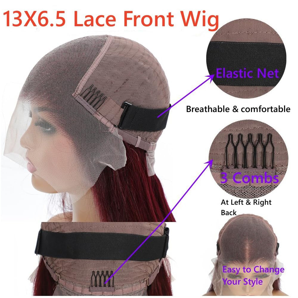 99J Human Hair Wig 32 Inch Straight 13X6.5 Burgundy Colored Lace Front Wigs 100% Human Hair HD 250% Density Glueless Wigs Burgundy Human Hair Wig Pre Plucked with Baby Hair