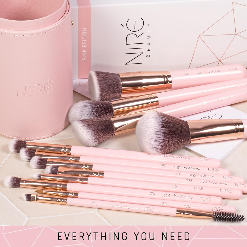 Beauty Cute Makeup Brush Set for Teen Girls, 15 Piece, Pink | Pink, Cute, for Tweens and Women, Vanity, Vegan Bristles, Holder Case, Sponge, Cleaner, Guide