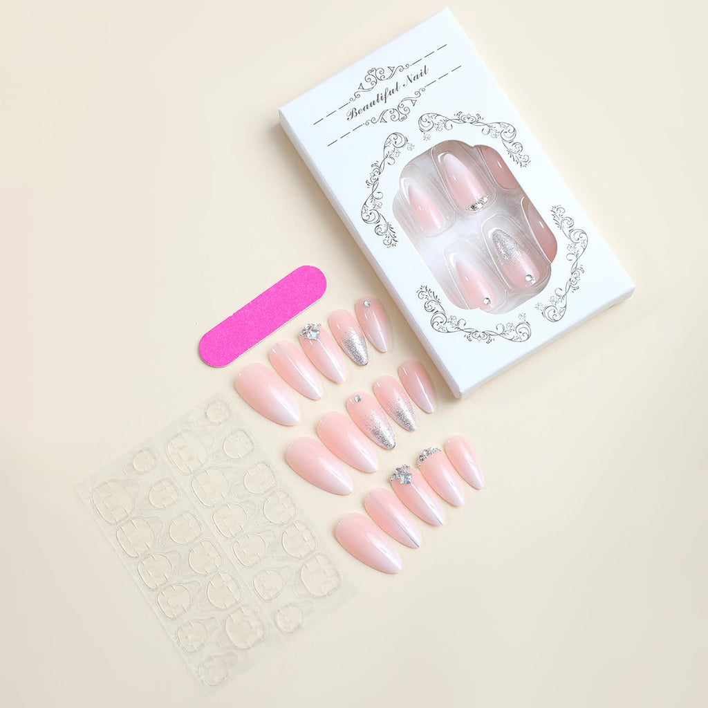 Press on Nails Almond Ombre White Pink Silver Fake Nails Rhinestone Bling | Glue on Nails Women Cute Stick on Nails for Acrylic Gel False Nails Wedding Birthday