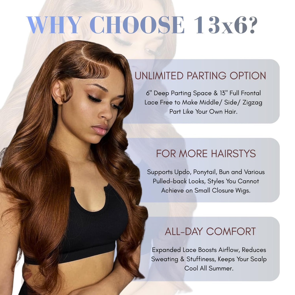 13X6 Chocolate Brown Lace Frontal Wigs Human Hair 200% Density 24 in | 13A 100% Virgin Brazilian HD Lace Front Human Hair Wigs High Density Pre Plucked for Vacation, Daily, Back to School Seasons