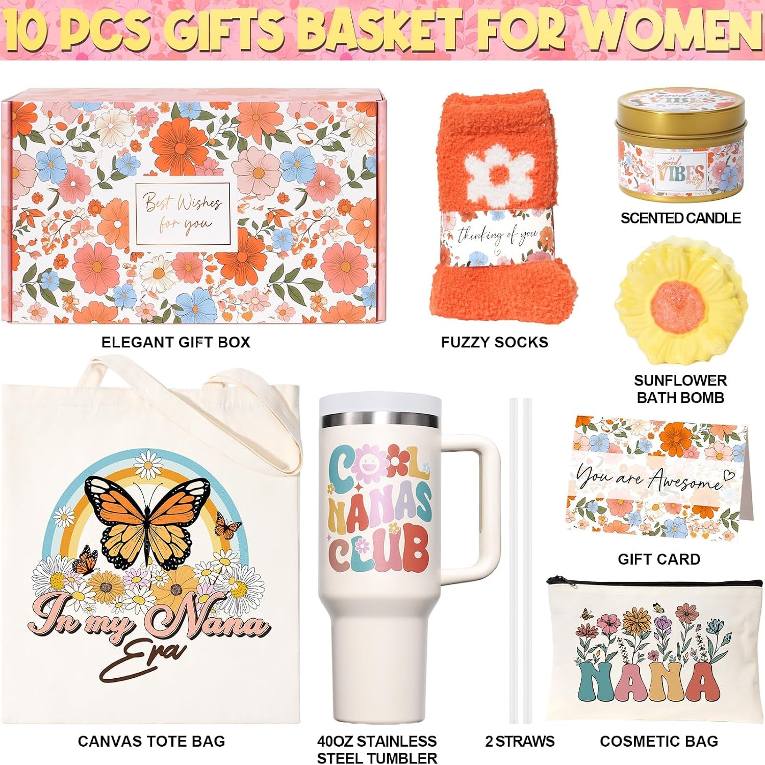 Gifts for Nana Mothers Day Gifts from Granddaughter Grandkid Grandchildren Unique Best Nana Birthday Gift Basket Grandma Grandmother Gigi Care Package New Nanas Gift with Canvas Tote Bag 40 OZ Tumbler