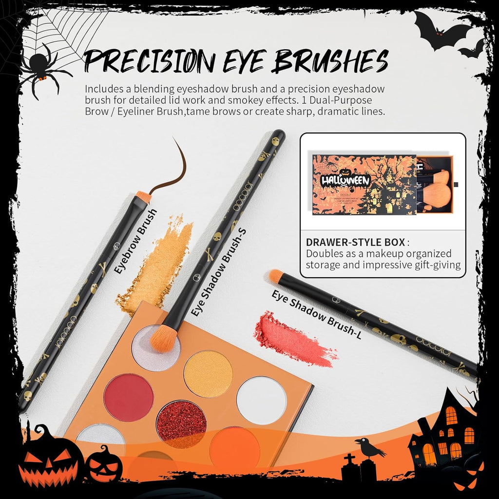 Makeup Brush Set,5Pcs Halloween Goth Makeup Brushes Powder Contour Eyeliner Brow Eyeshadow Brush Set with 9 Colors Halloween Eyeshadow Palette,1Pc Makeup Sponge Puff&3Pcs Halloween Scar Tattoo
