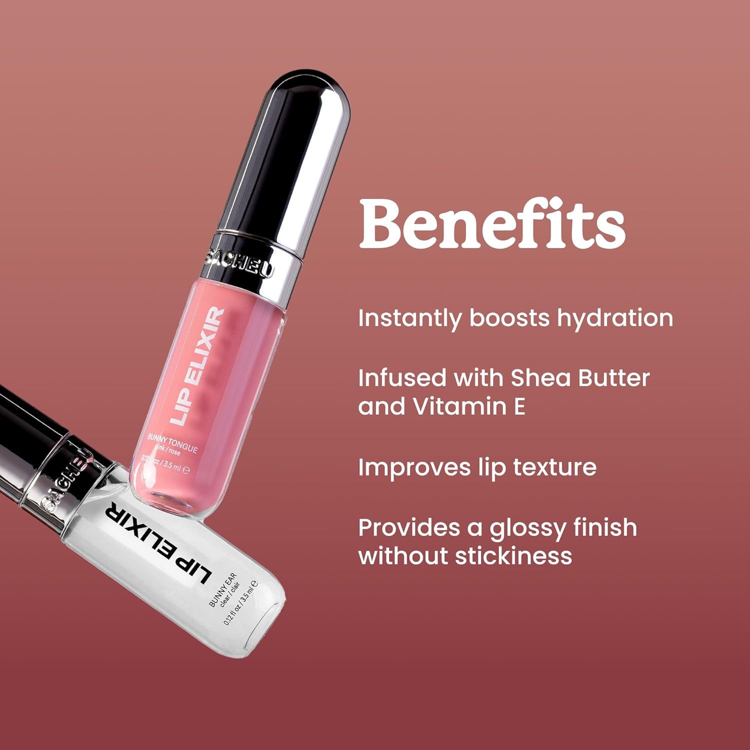 Lip Elixir Hydrating Lip Gloss, High-Shine, Bunny Tongue (Pink) | 3-In-1 Balm, Gloss & Oil, Glossy & Non-Sticky Finish, Infused with Vegan Collagen, Shea Butter & Vitamin E, Improves Texture