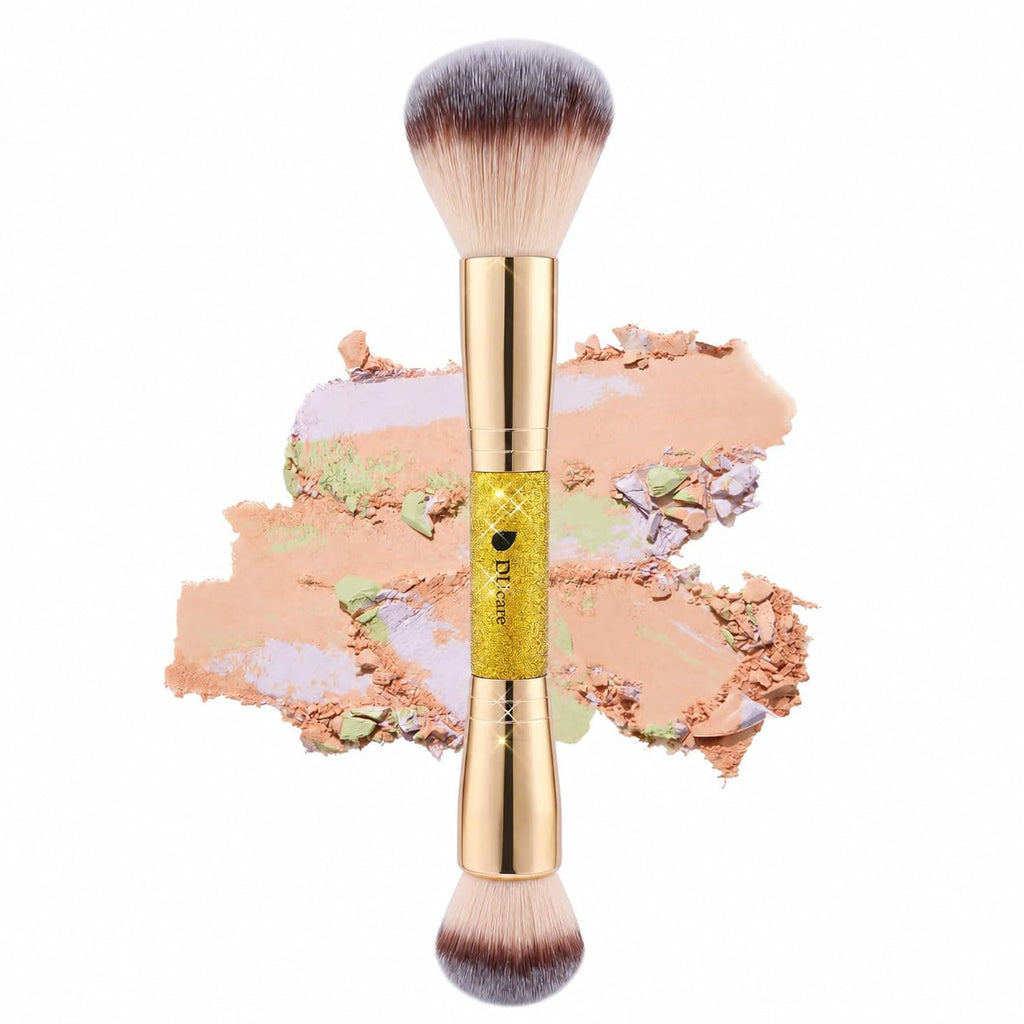 Dual End Powder Kabuki Makeup Brush Gold Glitter Vegan Synthetic for Liquid Cream Setting Powder