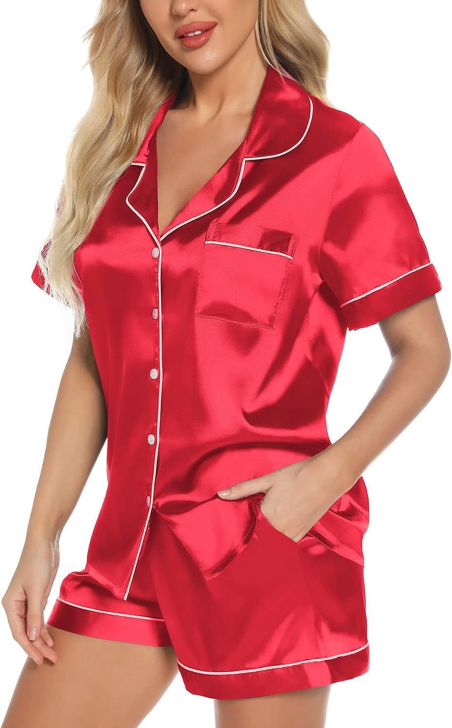 Women'S Silk Pajama Set Classic Button down Short Sleeve Satin Pjs | Satin Silky Pajamas Set,2 Piece,Short Sleeve,Button Down,Lightweight,All Seasons,For Sleeping,Lounging,Holiday,Honeymoon,Etc.