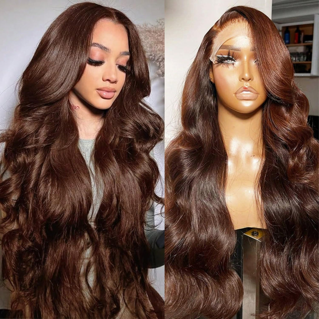 13X6 Chocolate Brown Lace Frontal Wigs Human Hair 200% Density 24 in | 13A 100% Virgin Brazilian HD Lace Front Human Hair Wigs High Density Pre Plucked for Vacation, Daily, Back to School Seasons