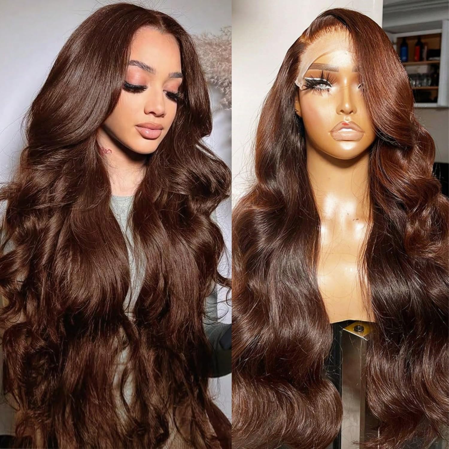 13X6 Chocolate Brown Lace Frontal Wigs Human Hair 200% Density 24 in | 13A 100% Virgin Brazilian HD Lace Front Human Hair Wigs High Density Pre Plucked for Vacation, Daily, Back to School Seasons