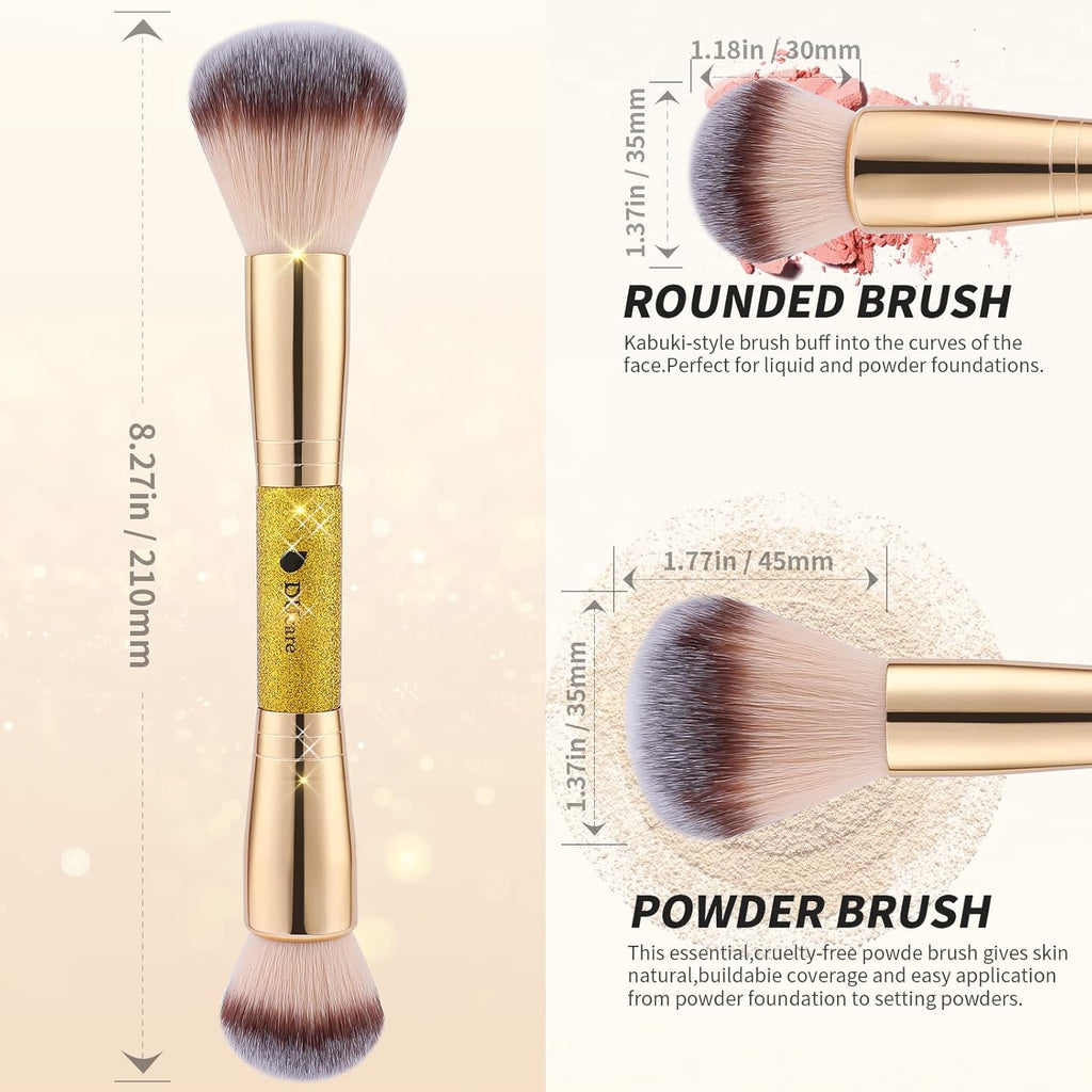 Dual End Powder Kabuki Makeup Brush Gold Glitter Vegan Synthetic for Liquid Cream Setting Powder