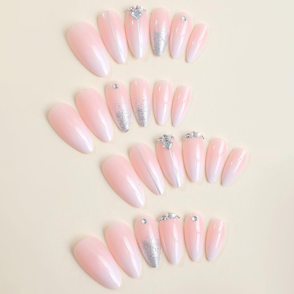 Press on Nails Almond Ombre White Pink Silver Fake Nails Rhinestone Bling | Glue on Nails Women Cute Stick on Nails for Acrylic Gel False Nails Wedding Birthday