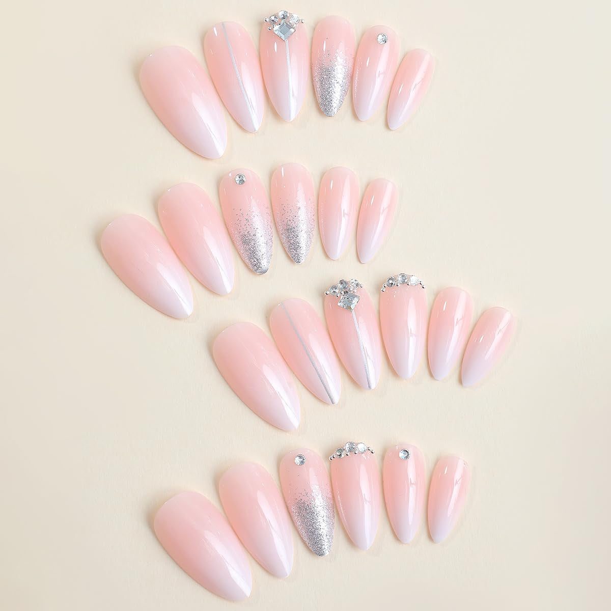 Press on Nails Almond Ombre White Pink Silver Fake Nails Rhinestone Bling | Glue on Nails Women Cute Stick on Nails for Acrylic Gel False Nails Wedding Birthday