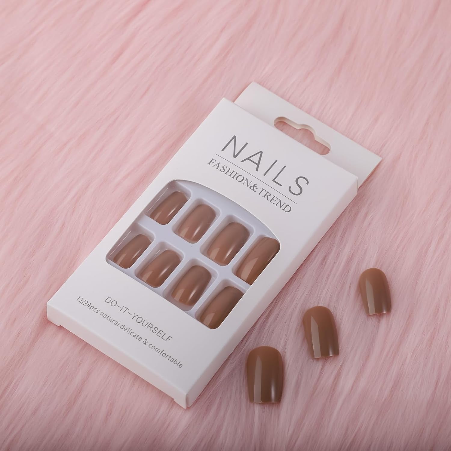 24Pcs Press on Nails - Short Square Medium Shape, Dark Coffee Color, Stick on Nails