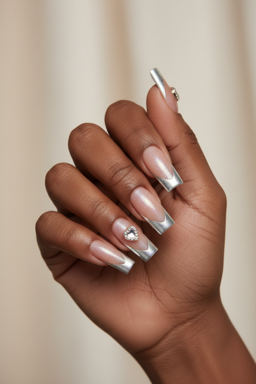 Long square silver French tip press-on nails with heart rhinestone design on dark-skinned hand